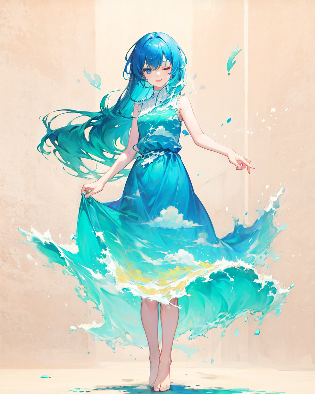 54257-2737564869-liquid clothes, 1girl, solo, long hair, dress, barefoot, blue hair, one eye closed, blue eyes, cloud, very long hair, sky print,.png